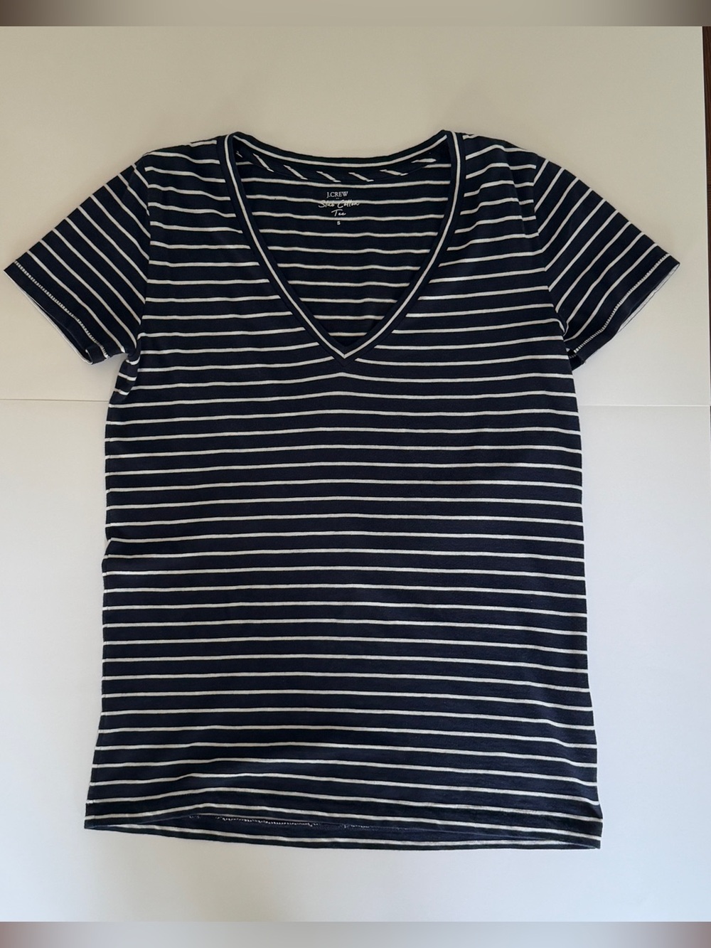 J.Crew Navy and White Striped V-Neck Short Slub Cotton  Sleeve Tee